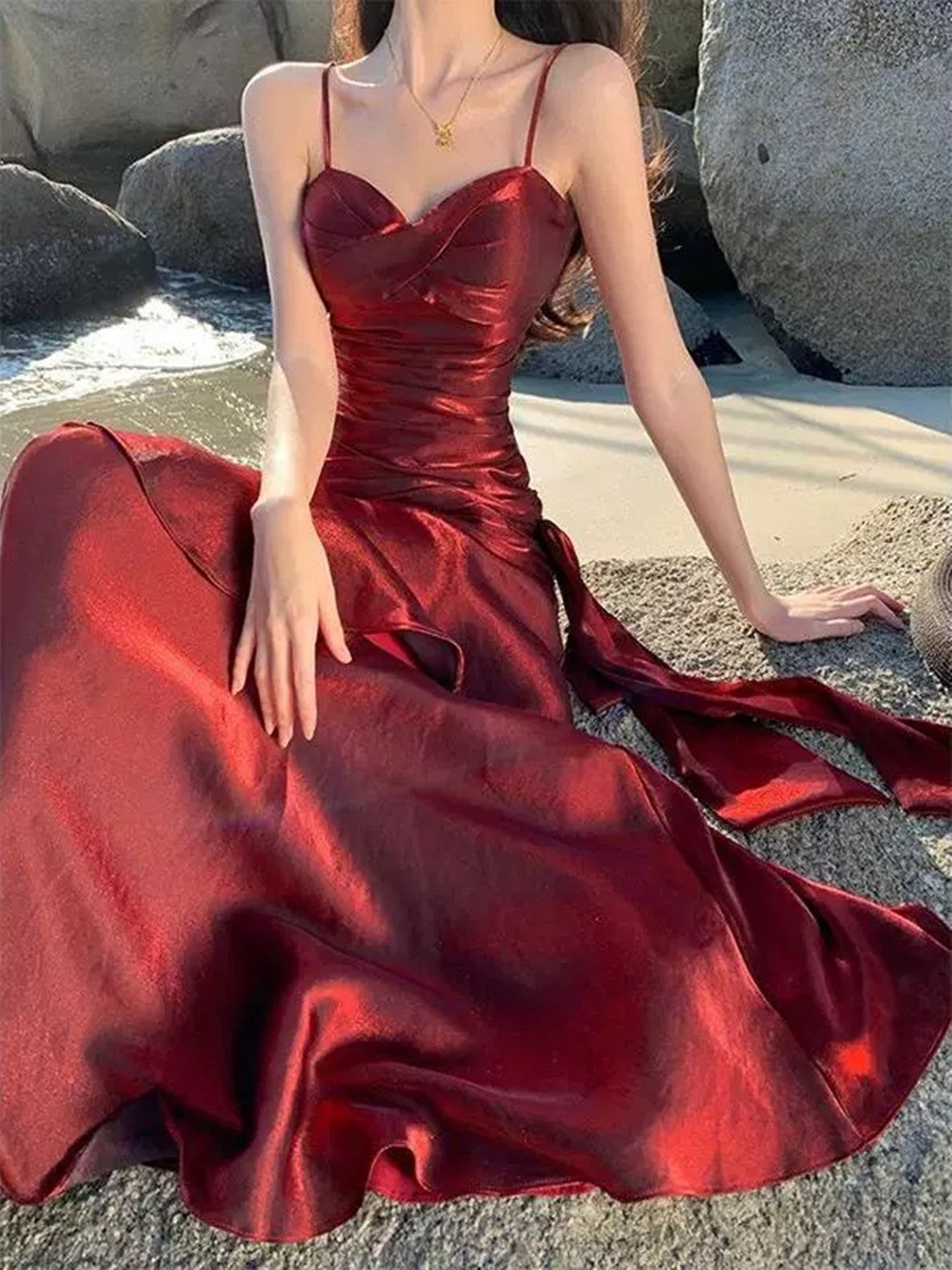 Lovely Wine Red Satin Mermaid Chic Sweetheart Prom Dresses Wine Red Satin Long Eveming Dresses