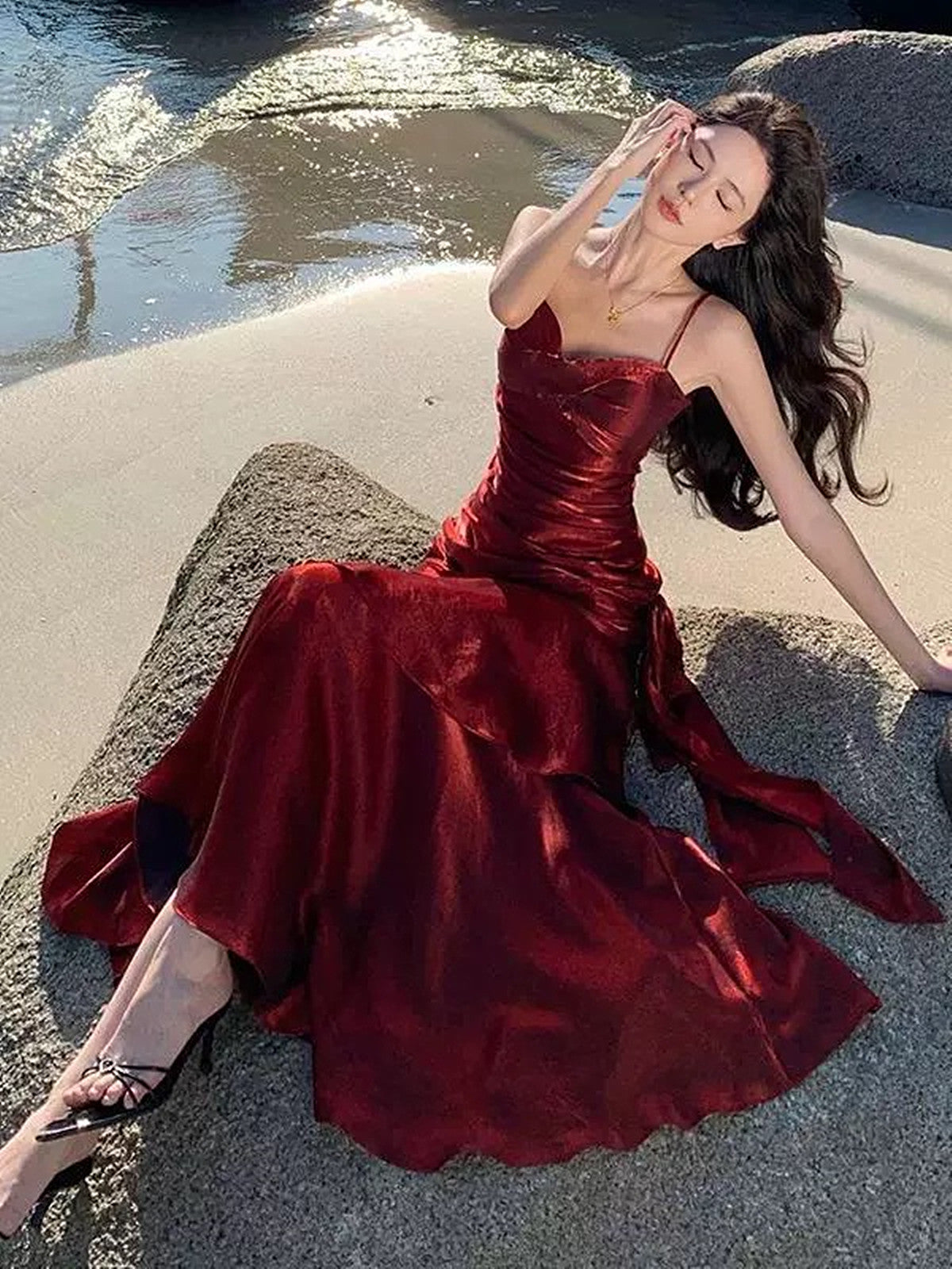 Lovely Wine Red Satin Mermaid Chic Sweetheart Prom Dresses Wine Red Satin Long Eveming Dresses