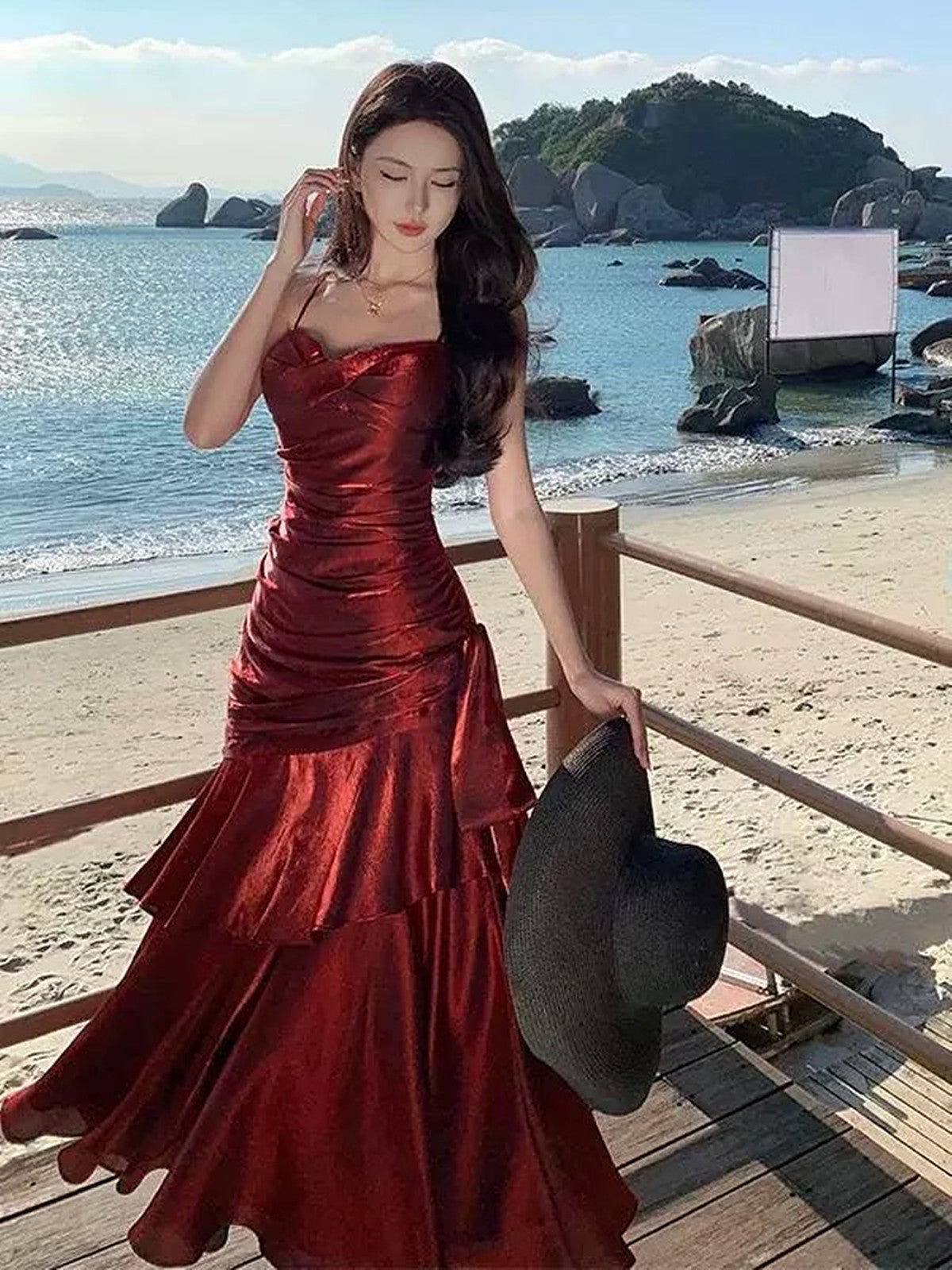 Lovely Wine Red Satin Mermaid Chic Sweetheart Prom Dresses Wine Red Satin Long Eveming Dresses Main image