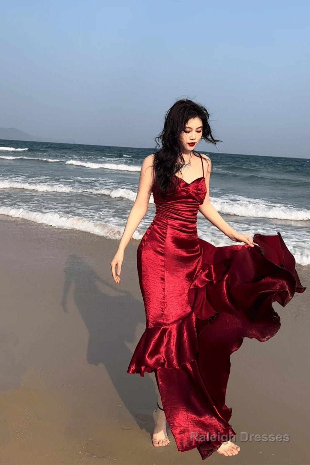 Lovely Wine Red Satin Mermaid Sweetheart Straps Evening Dress, Wine Red Prom Dress Secondary image