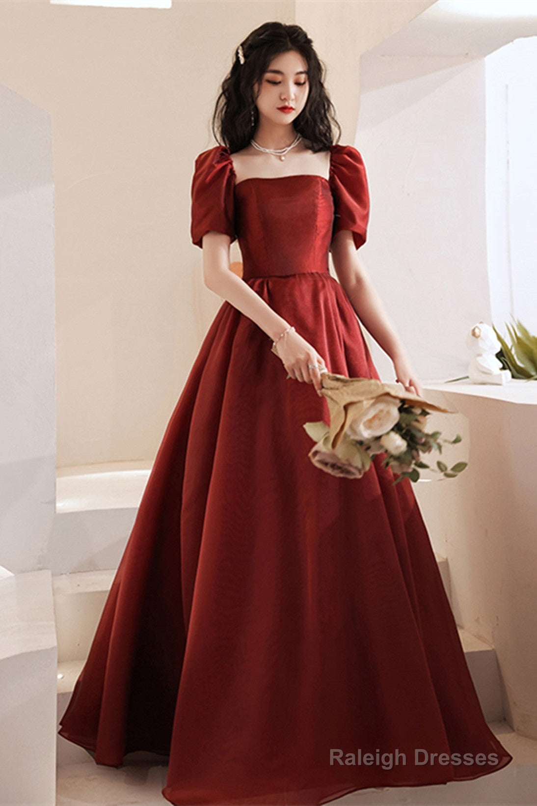 Lovely Wine Red Short Sleeves Organza Party Dress, A-Line Wine Red Prom Dress Secondary image