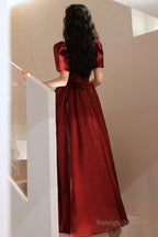 Lovely Wine Red Short Sleeves Organza Prom Dresses A-Line Wine Red Prom Dresses