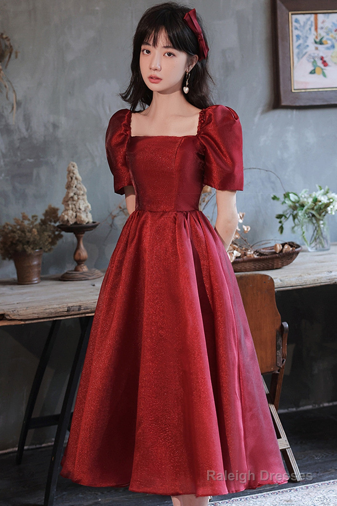 Lovely Wine Red Short Sleeves Organza Party Dress, A-Line Wine Red Prom Dress Main image