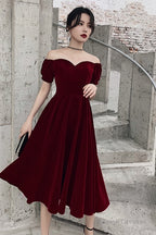 Lovely Wine Red Short Sleeves Velvet Homecoming Dresses Burgundy Prom Dresseses