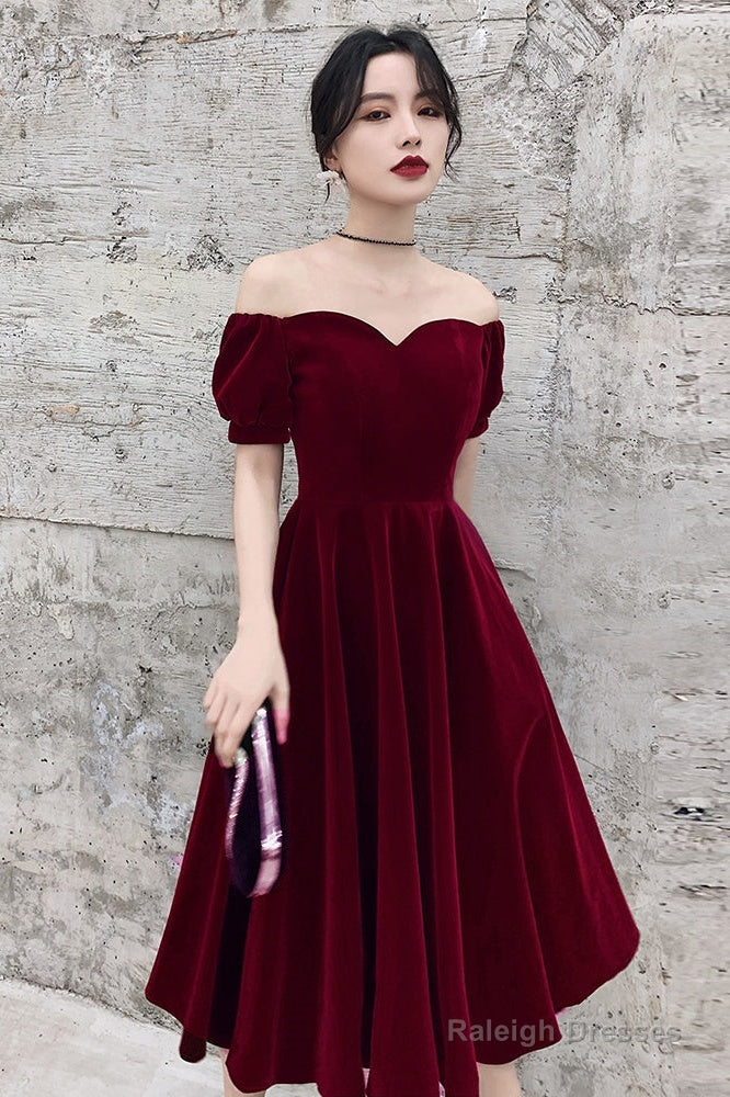 Lovely Wine Red Short Sleeves Velvet Homecoming Dress, Burgundy Prom Dress Formal Dress Main image