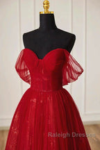 Lovely Wine Red Tulle Sweetheart Off Shoulder Prom Dresses Wine Red Long Prom Dresses