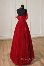 Lovely Wine Red Tulle Sweetheart Off Shoulder Prom Dresses Wine Red Long Prom Dresses