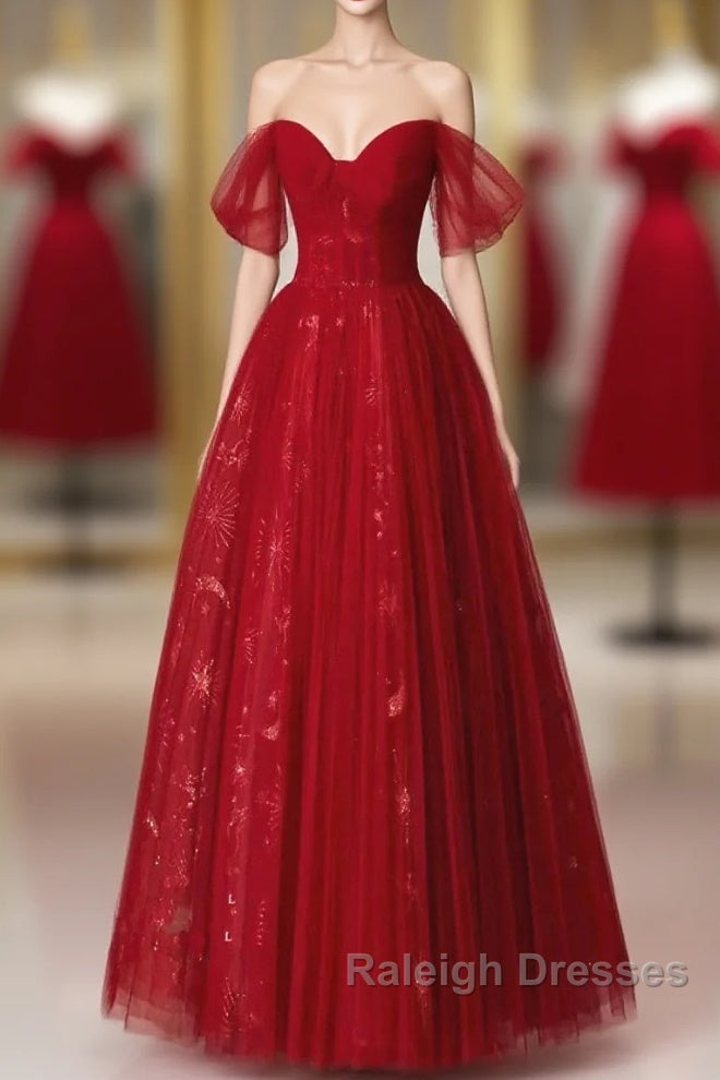 Lovely Wine Red Tulle Sweetheart Off Shoulder Prom Dress, Wine Red Long Party Dress Main image