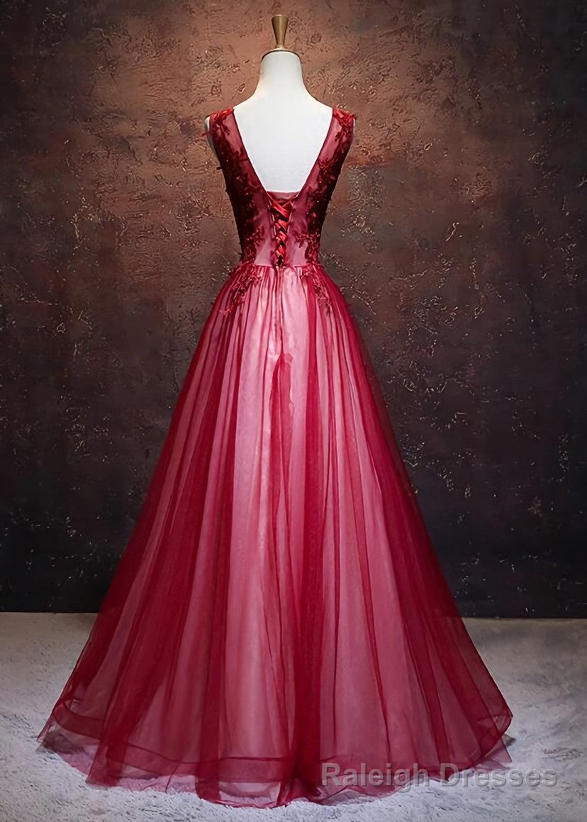 Lovely Wine Red V-neckline Tulle Party Gown, A-line Prom Dress Secondary image