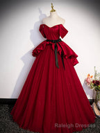 Burgundy Sweetheart Neck Formal Dress, A-Line Tulle Floor Length Prom Dress