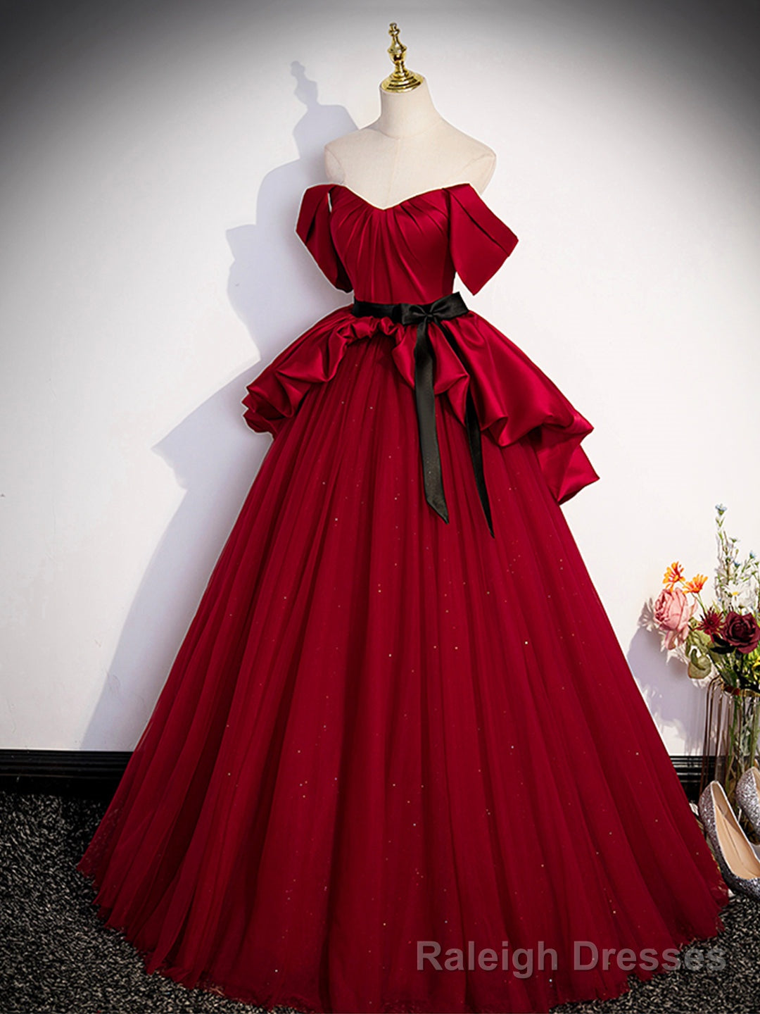 Burgundy Sweetheart Neck Formal Dress, A-Line Tulle Floor Length Prom Dress