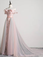 Lovely Tulle Applique Long Prom Dress, A-Line Evening Dress with Detachable Skirt