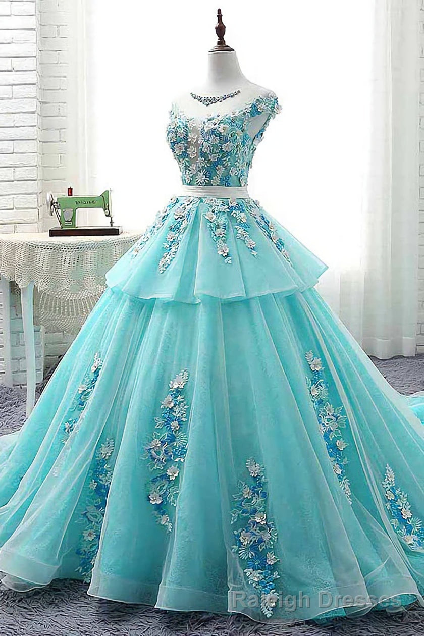 Lovey Blue Layers Ball Gown Tulle with Flowers Sweet 16 Gown, Blue Formal Dresses Secondary image