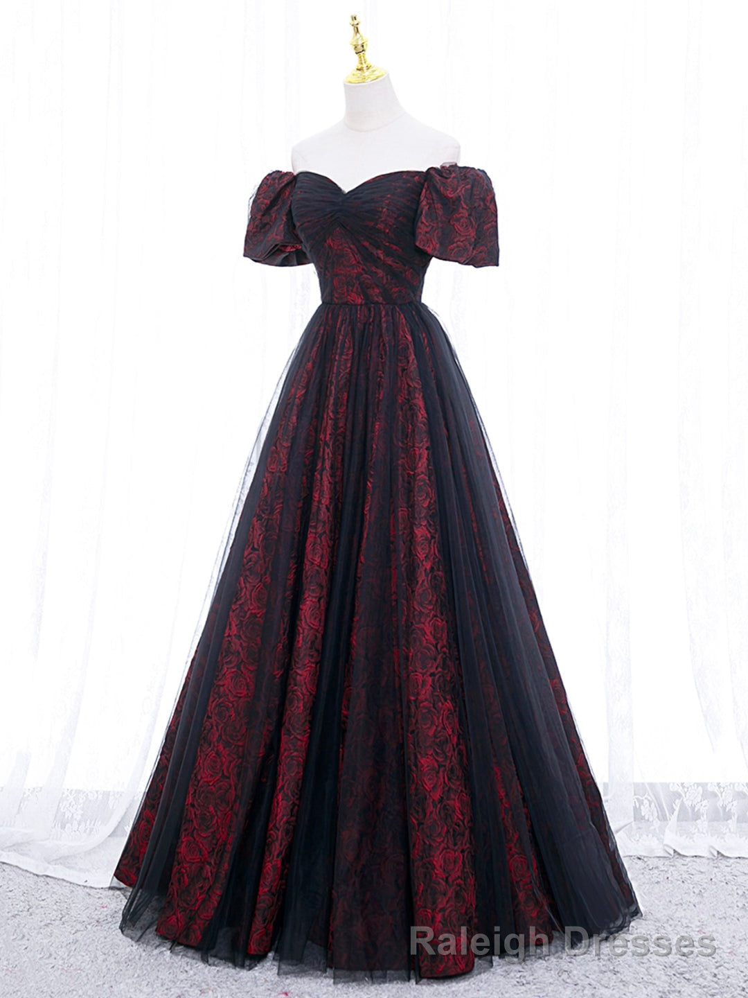 Black Tulle A-Line Prom Dress with Rose Print, Black Off Shoulder Evening Party Dress Main image
