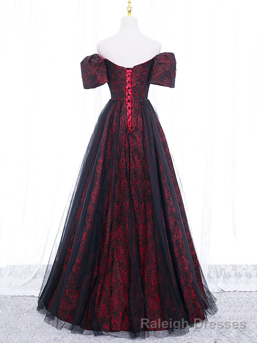 Black Tulle A-Line Prom Dress with Rose Print, Black Off Shoulder Evening Party Dress