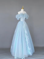 Light Blue Tulle Lace Long Prom Dress, Beautiful Off Shoulder Evening Party Dress