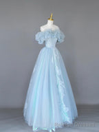 Light Blue Tulle Lace Long Prom Dress, Beautiful Off Shoulder Prom Prom Dress