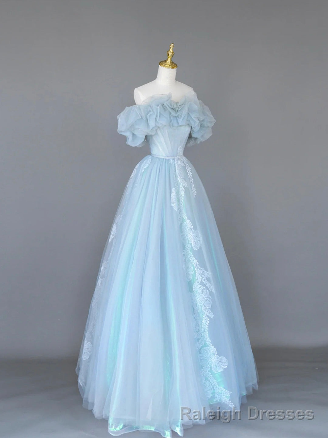 Light Blue Tulle Lace Long Prom Dress, Beautiful Off Shoulder Prom Prom Dress