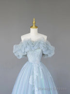 Light Blue Tulle Lace Long Prom Dress, Beautiful Off Shoulder Prom Prom Dress