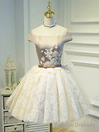 Champagne Tea Length Lace Prom Dress, Off the Shoulder Prom Dress