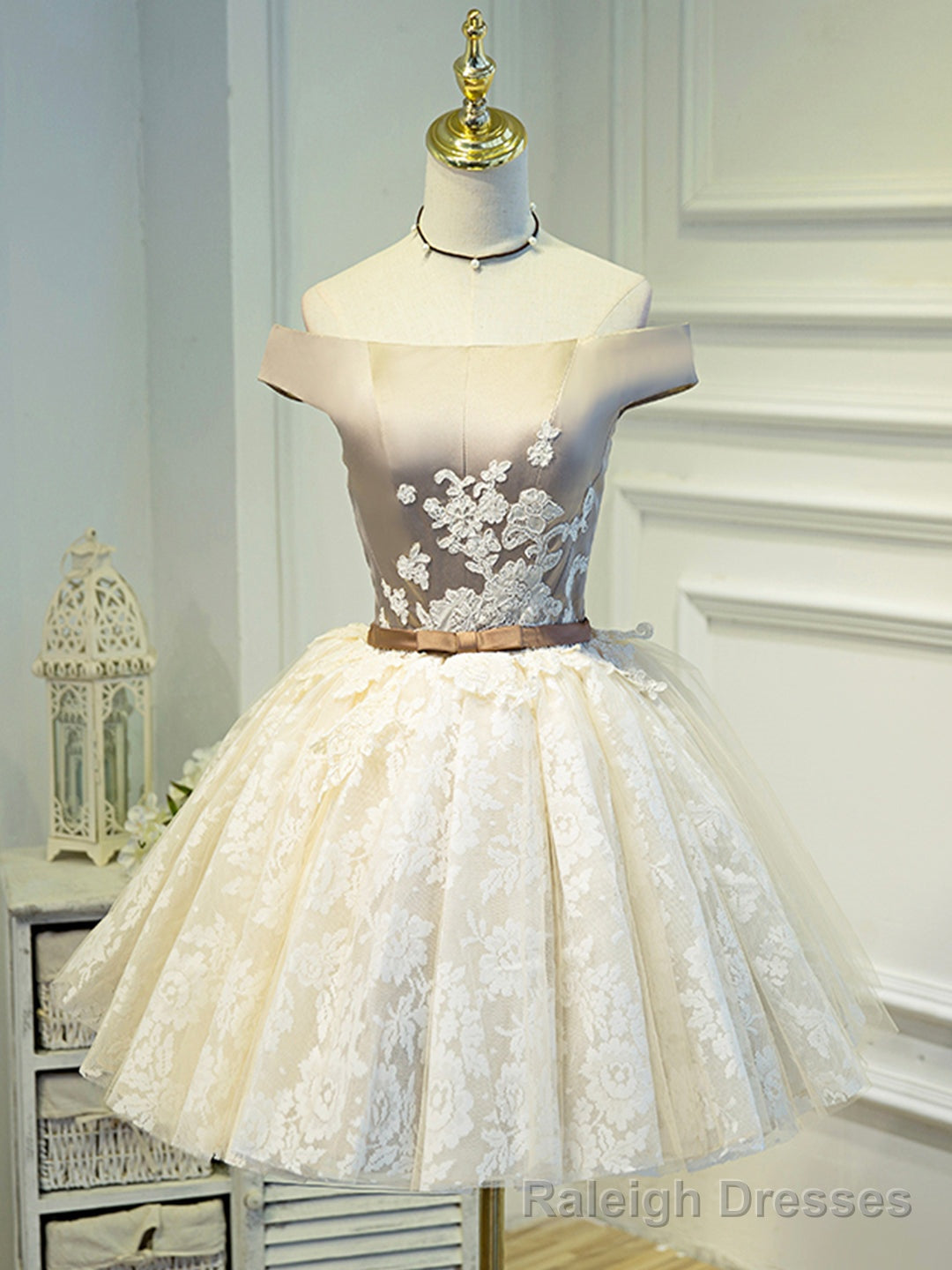 Champagne Tea Length Lace Prom Dress, Off the Shoulder Prom Dress