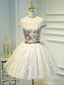 Champagne Tea Length Lace Prom Dress, Off the Shoulder Prom Dress