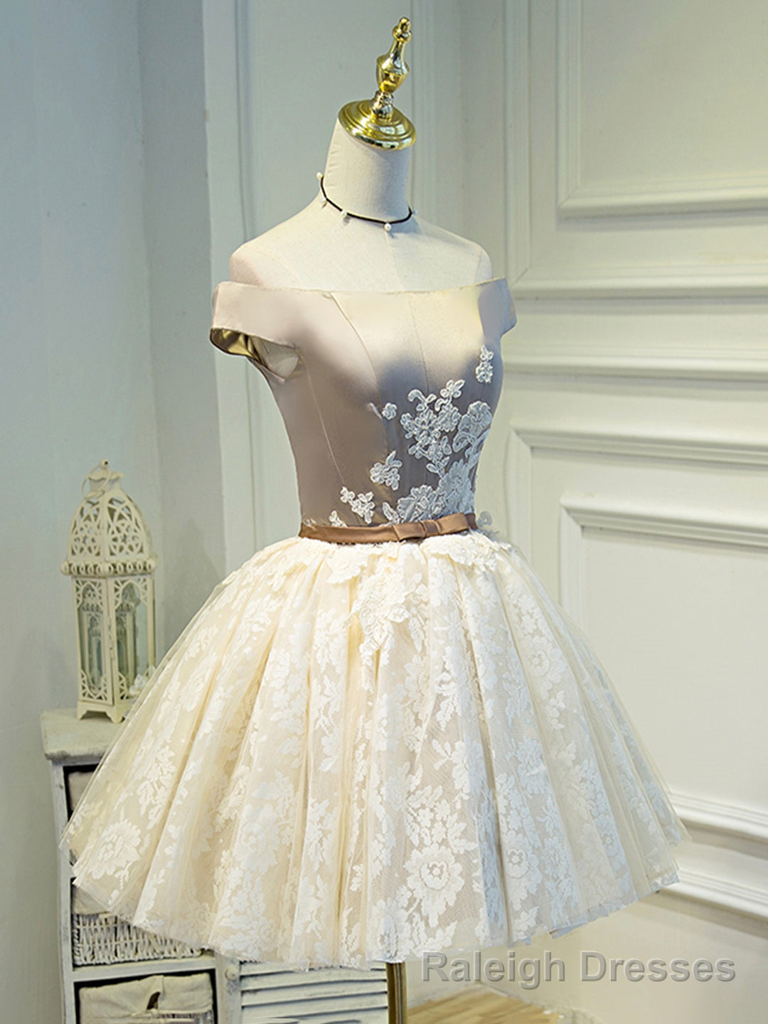 Champagne Tea Length Lace Party Dress, Off the Shoulder Evening Dress Secondary image