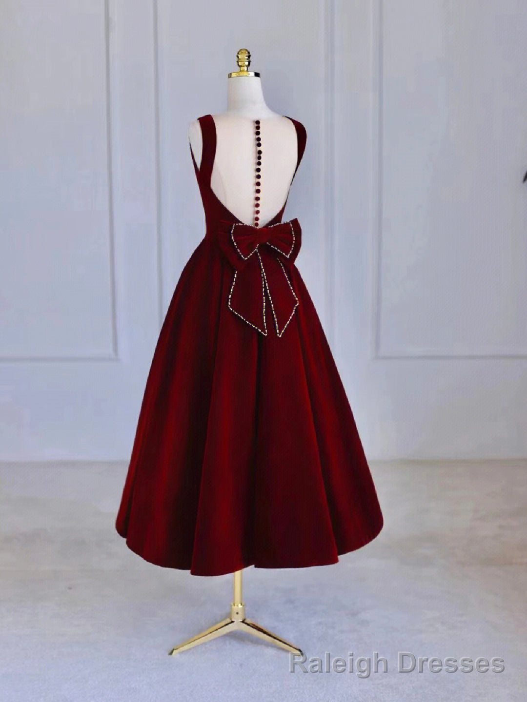 Burgundy Tea Length Velvet Prom Dress with Bowknot,  Burgundy Evening Party Dress Secondary image