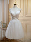 Ivory V-Neck Lace Straps Party Dress, Ivory Knee Length Prom Dress