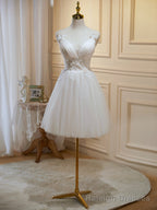 Ivory V Neck Lace Straps Prom Dress, Ivory Knee Length Prom Dress