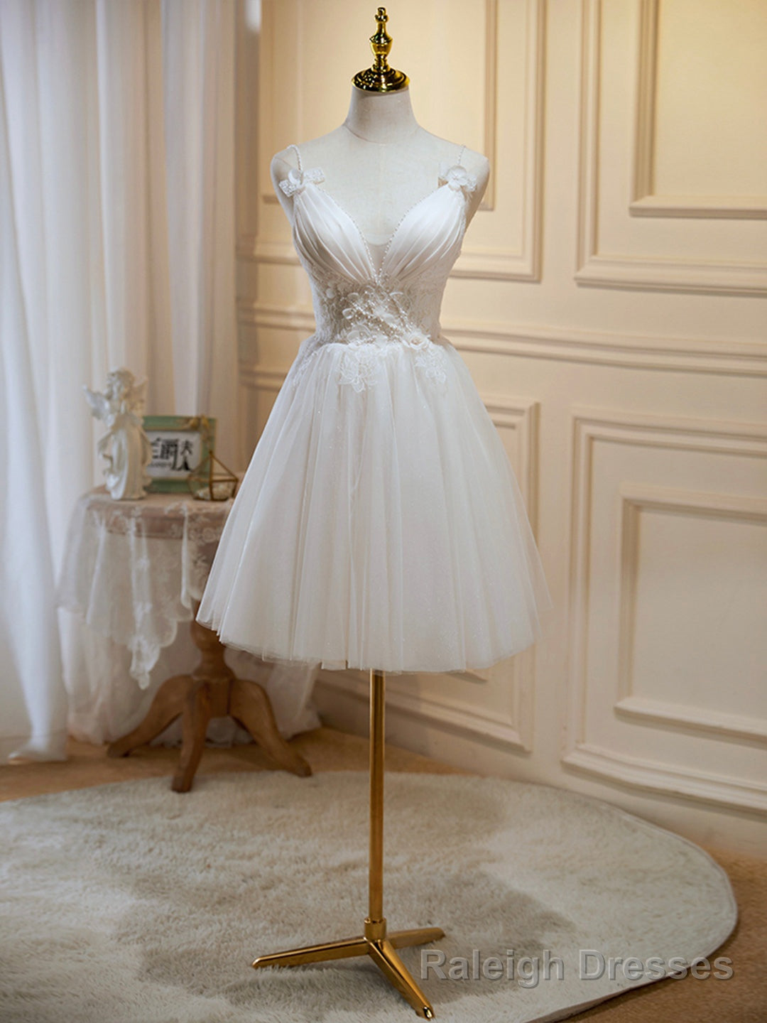 Ivory V Neck Lace Straps Prom Dress, Ivory Knee Length Prom Dress