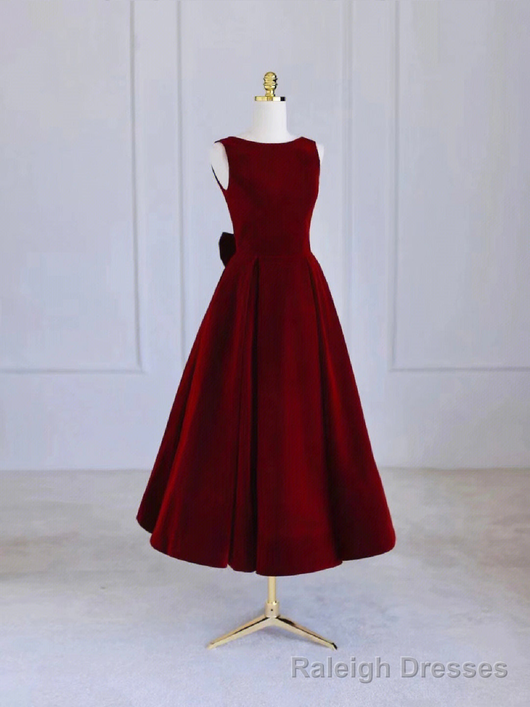 Burgundy Tea Length Velvet Prom Dress with Bowknot,  Burgundy Evening Party Dress Main image