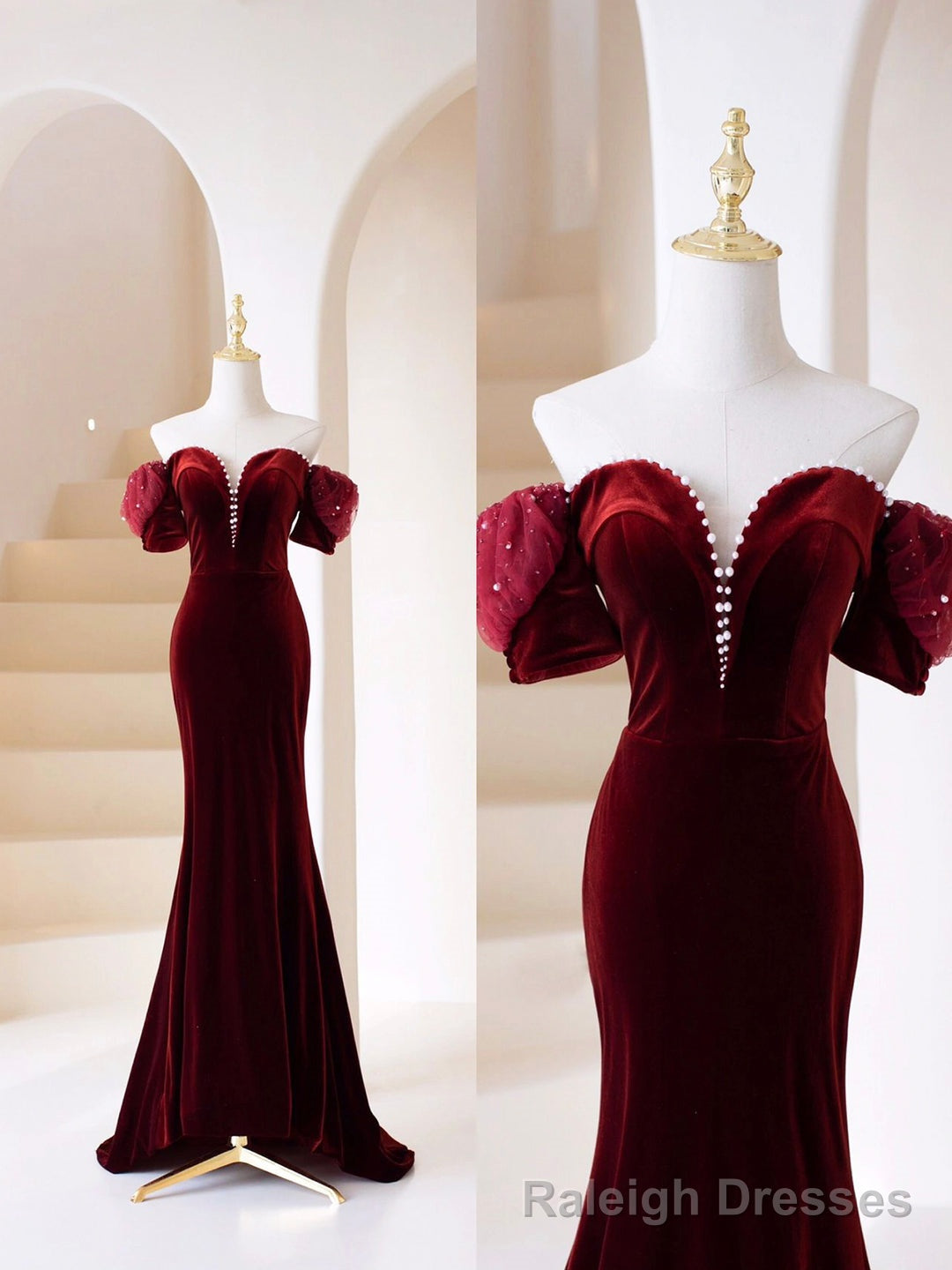 Burgundy Velvet Long Prom Dress, Mermaid Off Shoulder Evening Party Dress Main image