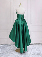 Green Satin High Low Prom Dresses, Strapless Green Homecoming Dresses