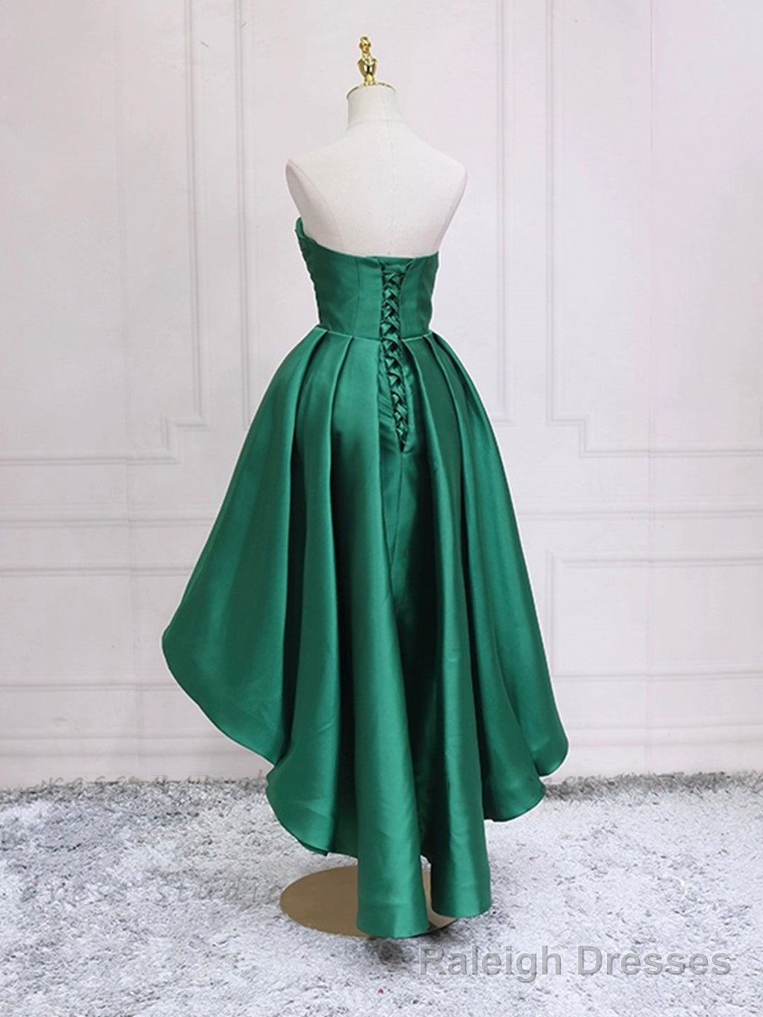 Green Satin High Low Prom Dresses, Strapless Green Homecoming Dresses