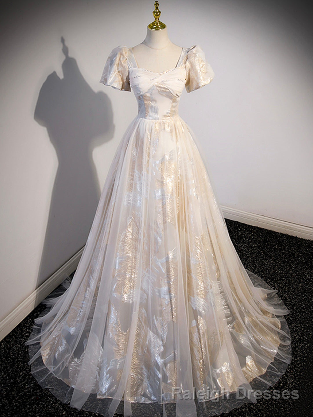 Champagne Tulle Long Formal Dresses, Champagne Short Sleeve Evening Dresses