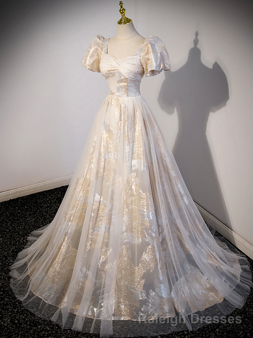 Champagne Tulle Long Formal Dresses, Champagne Short Sleeve Evening Dresses Secondary image