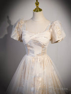 Champagne Tulle Long Formal Dresses, Champagne Short Sleeve Prom Dresses