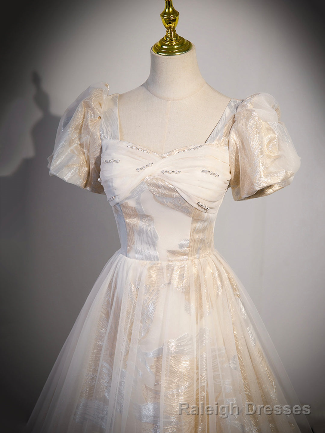 Champagne Tulle Long Formal Dresses, Champagne Short Sleeve Prom Dresses
