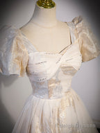 Champagne Tulle Long Formal Dresses, Champagne Short Sleeve Prom Dresses