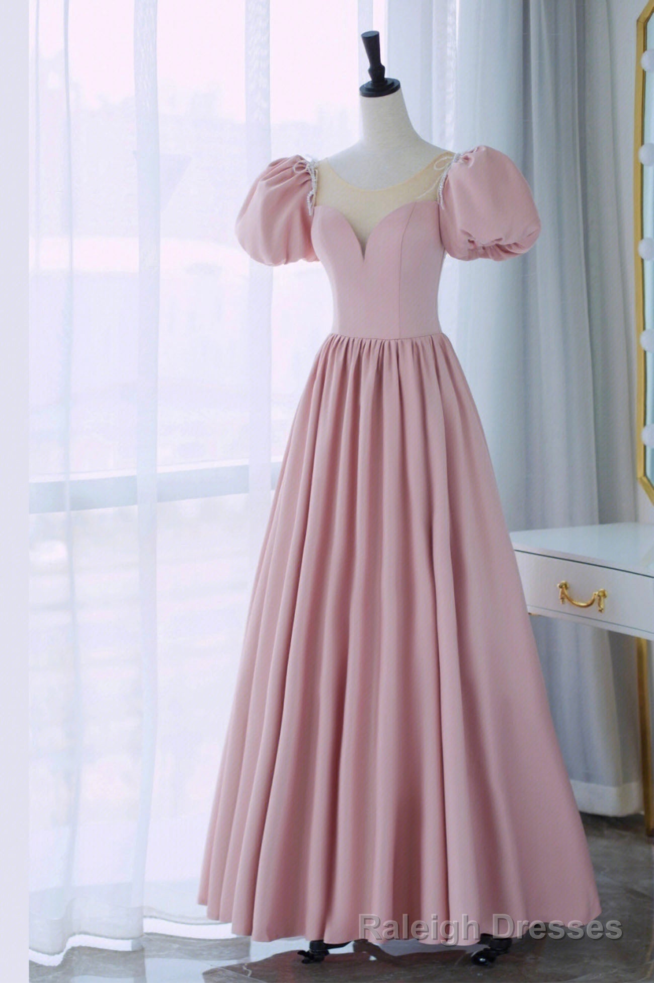 Pink Satin Long A Line Prom Dress, Cute Short Sleeve Prom Dress