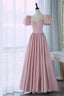 Pink Satin Long A Line Prom Dress, Cute Short Sleeve Prom Dress