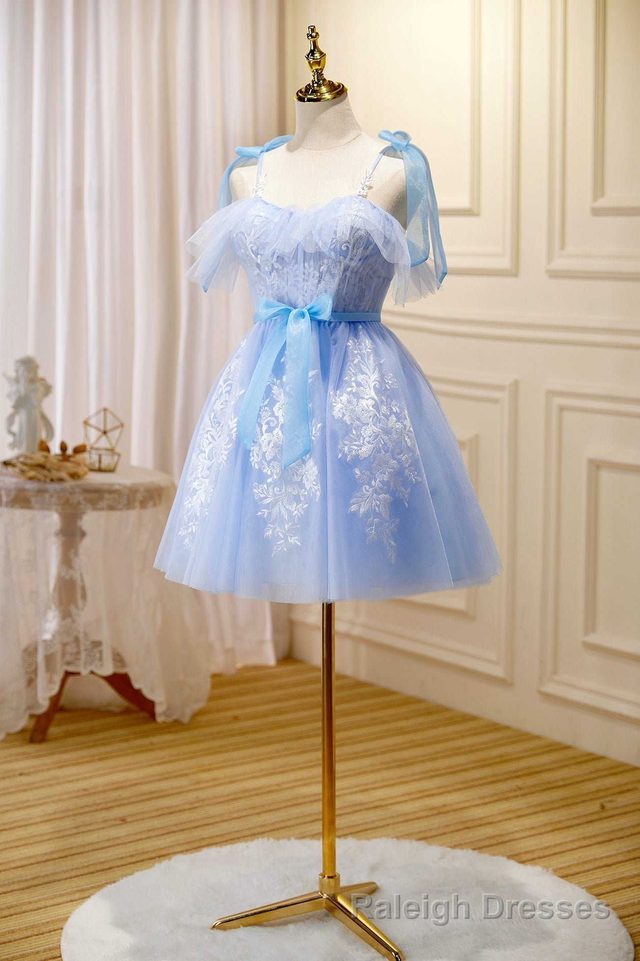 Blue Lace Knee Length Prom Dress, Lovely A Line Homecoming Dress Main image