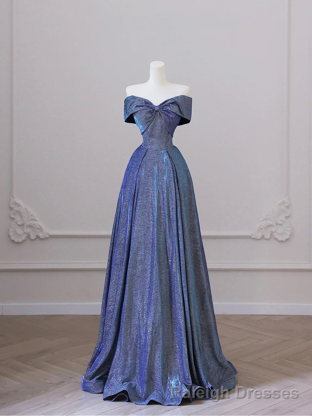 Shiny Off the Shoulder Floor Length Blue A-Line Prom Dress Main image