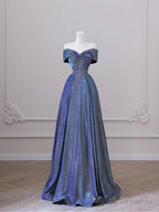 Shiny Off the Shoulder Floor Length Blue A-Line Prom Dress
