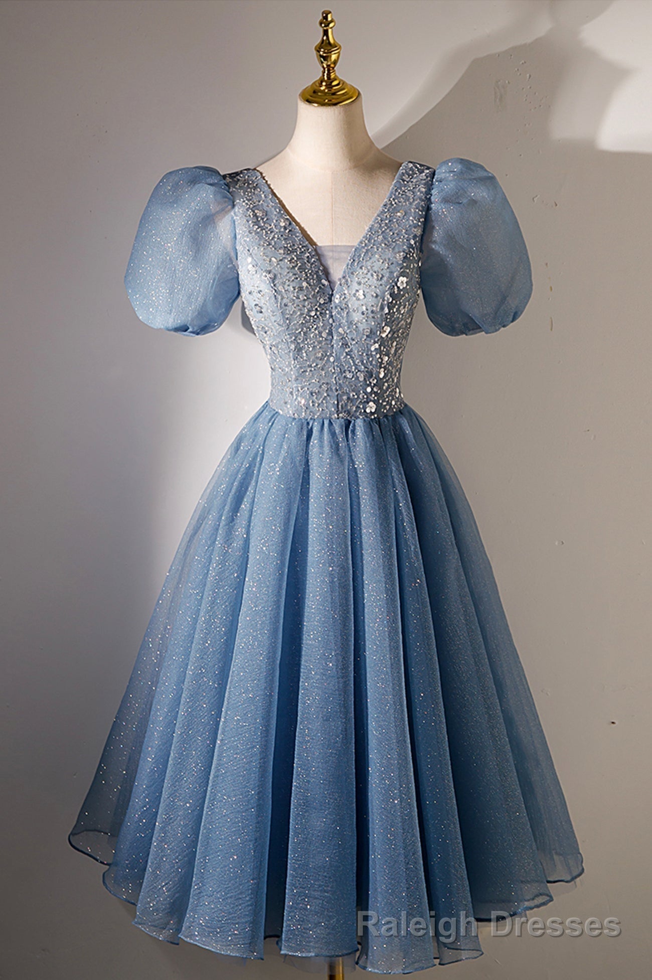 A Line V Neck Sequins Short Prom Dress, Blue Short Sleeve Prom Dress Secondary image