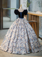 Blue V Neck Short Sleeve Ball Gowns, Blue A Line Velvet Floor Length Prom Dress