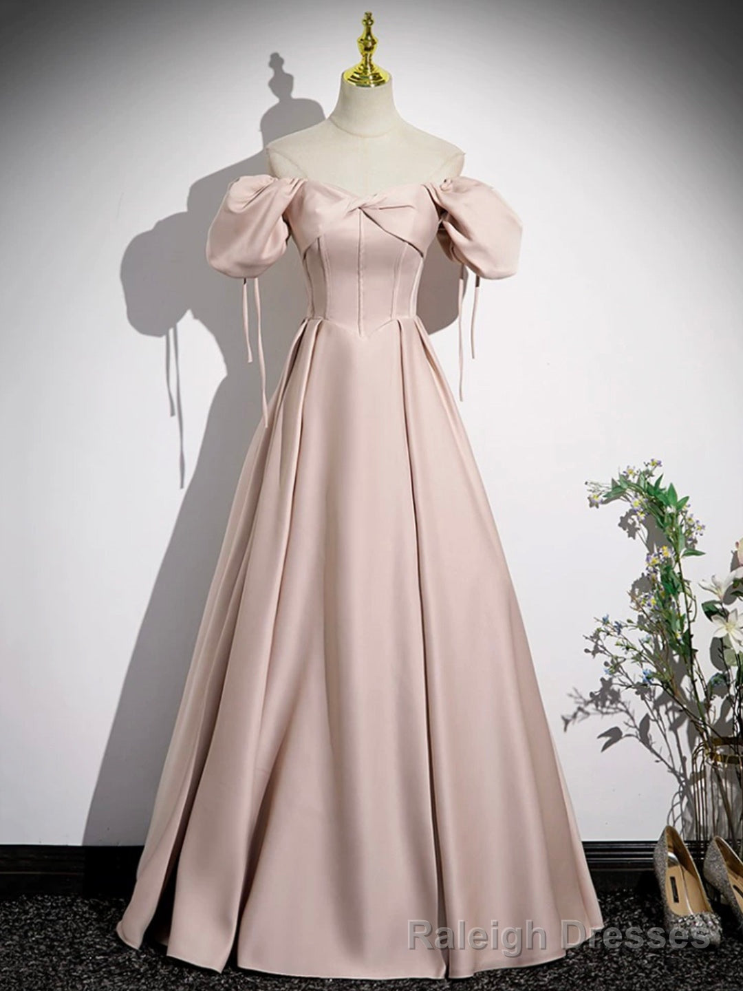Pink Satin A-Line Floor Length Prom Dress, Off Shoulder Short Sleeve Evening Dress Main image