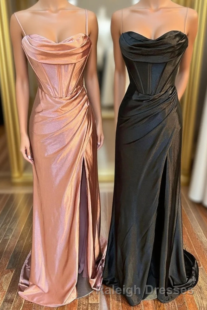 Simple Satin Long Mermaid Prom Dress, Spaghetti Straps Party Dress with Slit