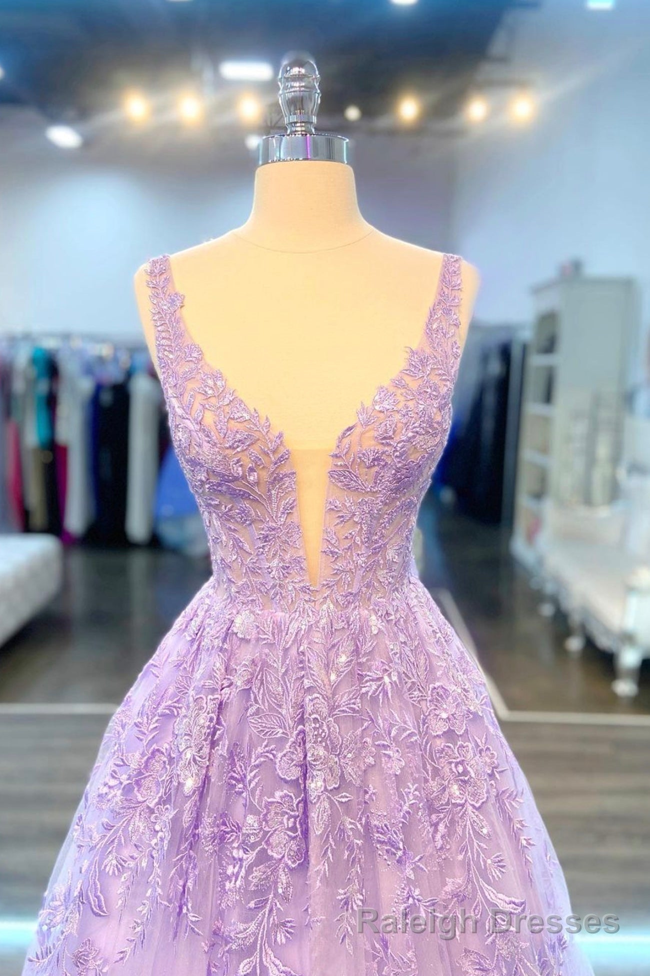 Purple V Neck Lace Long Prom Dress, Purple A Line Formal Prom Dress Secondary image